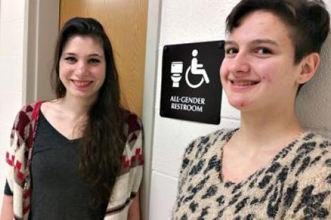 Nicole Lockwood, left, and Gianna Gregorio successfully pressed the East Hampton High School administration for a gender-neutral bathroom.