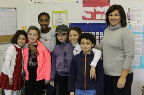 Hayground School students including, from left, Eve Achuthan-Kozar, Rive Weiner, Leslie Samuel, Felicia Franklin, Kodiak Tarrant-Papasadora, and Nico Pontecorvo, with their teacher, Julie Fanelli-Denny, earned recognition for their health-related inventions.