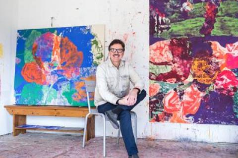Eric Dever’s new series of work, examples of which hang in his Water Mill studio, may be surprising to those who know him from his series painted only in tones and hues of red, white, and black.