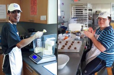 Bryan, left, measured ingredients. Robert portioned gingersnaps.