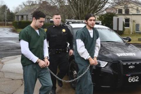 Joseph G. Worysz, left, and Maximilian H. Bonilla, who are accused of holding up the Spreedway gas station in Wainscott on New Year’s Day, were brought into East Hampton Town Justice Court last Thursday to be formally arraigned on felony charges of robbery.