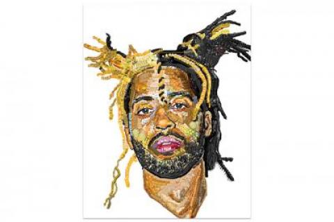 A self-portrait, “yung jake‚” is a digital painting printed on Dibond.