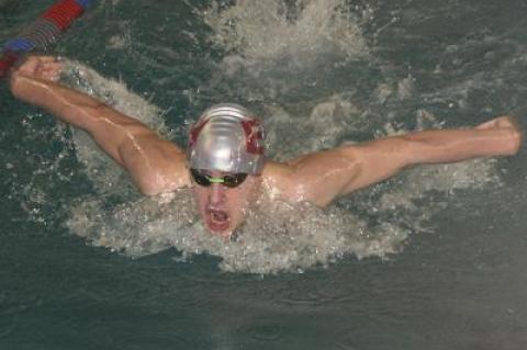 Colin Harrison was among seven Bonac swimmers who bettered previous-best times at the county meet. He did so in the 100 butterfly, above, and in his 50 butterfly leg in the 200 medley relay.