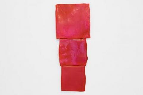 "Red Metric" is a glazed clay piece from 2015. "A Row of Cups and Saucers," below, from 2017, also demonstrates the artist's continued engagement with ceramics.