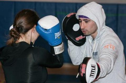 Richie Daunt, sparring with one of his Montauk Playhouse students, Caryn Freiberger, above, also is teaching at MuvStrong in the One-Stop complex, and at the Ideal Living studio at the Albatross motel in Montauk.