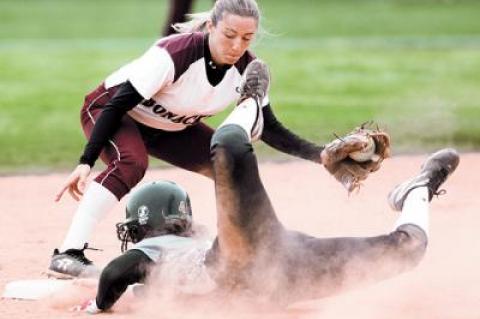 Bella Swanson, East Hampton’s shortstop, was late in tagging the Kings Park runner above in the second inning of Saturday’s game here, but, on May 1 versus Mercy in Riverhead, she led off the seventh inning with a home run that won the game.