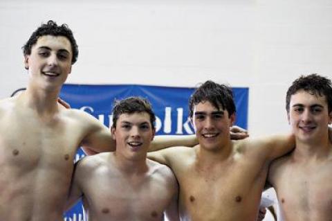 East Hampton’s state qualifiers in the 200-meter freestyle relay, from left, Ethan McCormac, Ryan Duryea, Aidan Forst, and Owen McCormac