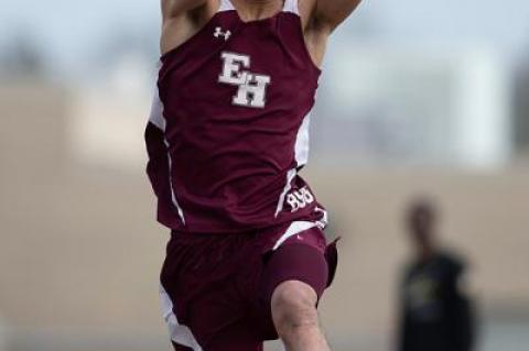 Matt Maya was a triple-winner in Monday’s boys track meet here with Wyandanch, in the long jump (above), the high jump, and the 110-meter high hurdles.