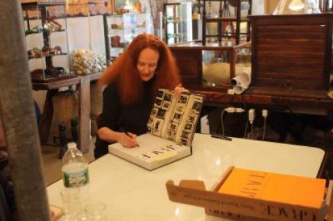 Grace Coddington with her newly reissued book, "Grace: Thirty Years of Fashion at Vogue," at the Antiques Shop in Bridgehampton.