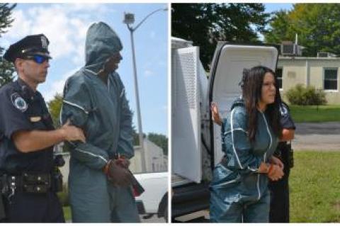 Jarryd J. Cox of Mastic, left, and Keirsten Escobar of Islip Terrace were led into East Hampton Town Justice Court to face charges on Monday.