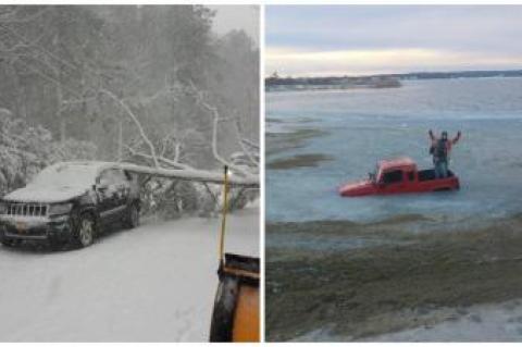 A tree landed on a Jeep in East Hampton during the storm Saturday, and then a Jeep landed in Mecox Bay near Scott Cameron Beach in Bridgehampton Sunday as the occupants were checking out the beach after the storm.