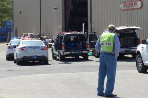 Emergency service personnel outside a storage barn at Riverhead Building Supply in East Hampton, where a man was reportedly injured by a falling stack of drywall on Friday morning Emergency service personnel outside a storage barn at Riverhead Building Supply in East Hampton, where a man was reportedly injured by a falling stack of drywall on Friday morning