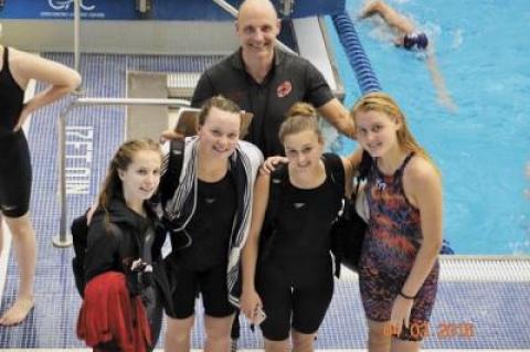 Four of the seven athletes Tom Cohill, above, took to the Y national meet in Greensboro, N.C., were Jane Brierley, Maggie Purcell, Sophia Swanson, and Caroline Oakland, who comprised East Hampton’s 200 medley relay team.