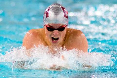 Ryan Duryea, who won the 50 freestyle and the 100 breaststroke (above), also anchored the winning 400 free relay team in Monday’s win — East Hampton’s eighth in a row — over Sayville-Bayport.