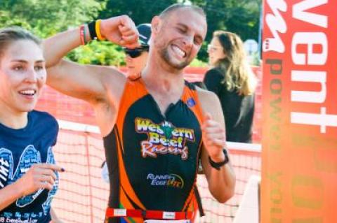 Having won seven triathlons this season, Tim Steiskal, the Patchogue Y’s membership director, was pumped Sunday on winning his eighth at the Montauk MightyMan.