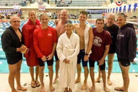 The Y.M.C.A. East Hampton RECenter squad that competed in a recent masters swim meet included, from left, Joe Viviani, Angelika Cruz, Mike Wootton, Tim Treadwell, Ellen Clark, Andrey Trigubovich, Kelly McKee, Dick Monahan, and Ed Mulderrig.