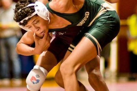 Santi Maya, foreground, an East Hampton freshman who lost to a county champion in the quarterfinal round of the Sprig Gardner tournament here Saturday, “has a very, very bright future.”