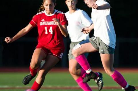 Asha Hokanson, at right, scored the East Hampton-Center Moriches girls soccer game’s sole goal here Friday on a through pass from Alden Powers.