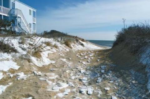 Footprints made of snow led to the beach in Montauk, where a massive United States Army Corps of Engineers sandbag erosion-control project is planned. Footprints made of snow led to the beach in Montauk, where a massive United States Army Corps of Engineers sandbag erosion-control project is planned.