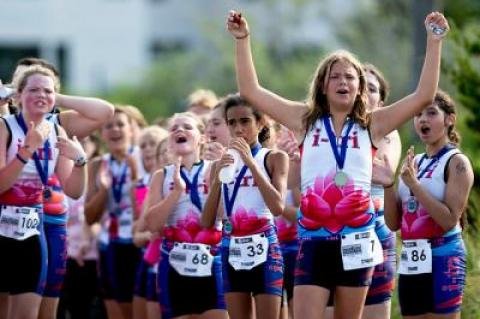 The junior high-age triathletes received a warm welcome at the finish line.