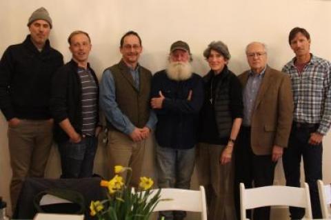 The participants in a March 30 forum on environmental sustainability held at Mandala Yoga in Amagansett were, from left, Brendan Davison of Good Water Farms; Scott Bluedorn, an artist and activist; Bob Deluca of the Group for the East End; Scott Chaskey of Quail Hill Farm; Linda James of the East Hampton Town Energy Sustainability Committee, and Bill Chaleff, an architect. Biddle Duke, far right, the founding editor of East magazine, organized the event.