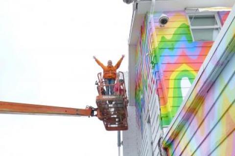 Jen Stark painted the sides of the Surf Lodge in Montauk as part of her installation for Eric Firestone before Memorial Day weekend. The Surf Lodge was accused of violating the East Hampton Town code.