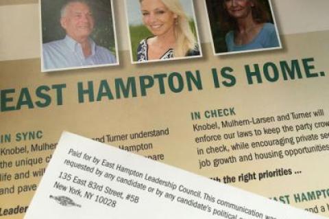 A campaign mailer paid for by the East Hampton Leadership Council praises the Republican candidates on one side and criticizes the Democratic incumbents on the other. As of Thursday, the political action committee had reported spending more than $155,000 on behalf of local Republican candidates. A campaign mailer paid for by the East Hampton Leadership Council praises the Republican candidates on one side and criticizes the Democratic incumbents on the other. As of Thursday, the political action committee had reported spending more than $155,000 on behalf of local Republican candidates.