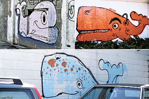 Graffiti whales painted by an anonymous vandal have appeared around Sag Harbor, including, above, on the vacant Schiavoni plumbing building, in front of the WLNG radio station, top right, and the rear of the Getty station, right.