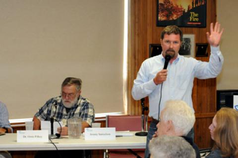 At a Concerned Citizens of Montauk event on Saturday, Jeremy Samuelson, the group’s director, right, moderated a discussion of beach reconstruction options for Montauk with Stephen Leatherman, left, and Orrin Pilkey, two coastal experts. At a Concerned Citizens of Montauk event on Saturday, Jeremy Samuelson, the group’s director, right, moderated a discussion of beach reconstruction options for Montauk with Stephen Leatherman, left, and Orrin Pilkey, two coastal experts.