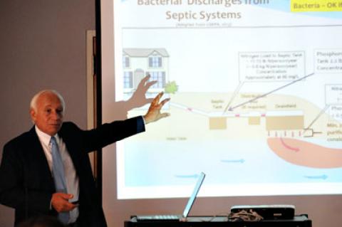Pio Lombardo, who drafted an East Hampton Town comprehensive wastewater management plan, discussed his findings on Tuesday at the first of several public sessions on the plan. Pio Lombardo, who drafted an East Hampton Town comprehensive wastewater management plan, discussed his findings on Tuesday at the first of several public sessions on the plan.