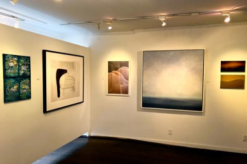 Works by Mark Perry, Hiroyuki Hamada, Insuh Yoon, Kurt Giehl, and Linh Vivace are hung together in the show. Below, Rosario Varela’s “Ancestors” sculpture has a metaphorical relationship to the exhibition’s theme.  Seen in detail to the right are works by Christine McFall and Lesley Obrock. Works by Mark Perry, Hiroyuki Hamada, Insuh Yoon, Kurt Giehl, and Linh Vivace are hung together in the show. Below, Rosario Varela’s “Ancestors” sculpture has a metaphorical relationship to the exhibition’s theme.  Seen in detail to the right are works by Christine McFall and Lesley Obrock.