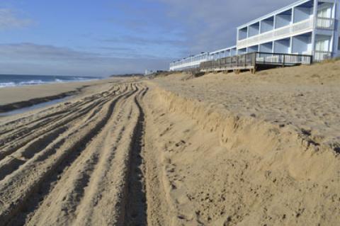 Considerable erosion on the downtown Montauk beach after a northeaster last week has the Army Corps of Engineers re-evaluating the timeframe and cost of a dune restoration project there. Considerable erosion on the downtown Montauk beach after a northeaster last week has the Army Corps of Engineers re-evaluating the timeframe and cost of a dune restoration project there.