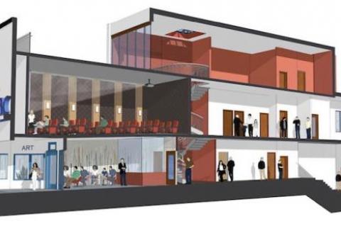 A rendering by NK Architects and Croxton Collaborative Architects show the proposed three-story cinema arts building with two theaters, a screening room, and a rooftop deck.