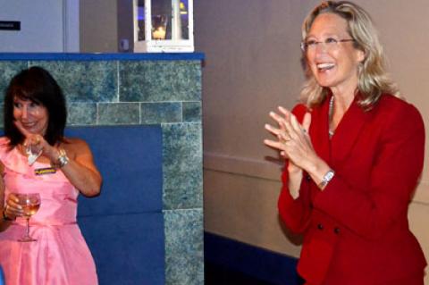 Bridget Fleming celebrated Thursday after a decisive win in Democratic primary voting. She hopes to unseat State Senator Kenneth P. LaValle on Election Day.