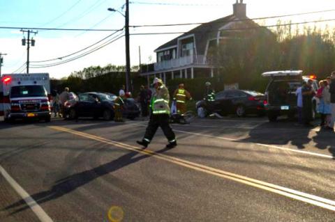 A motorcycle and car collided on Old Montauk Highway, near Montauk Highway, in Montauk on Friday evening. A motorcycle and car collided on Old Montauk Highway, near Montauk Highway, in Montauk on Friday evening.