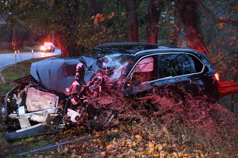 A BMW X5 hit a small school bus in a curve on Scuttlehole Road, just east of the Atlantic Golf Club in Bridgehampton on Wednesday afternoon. Doug Kuntz